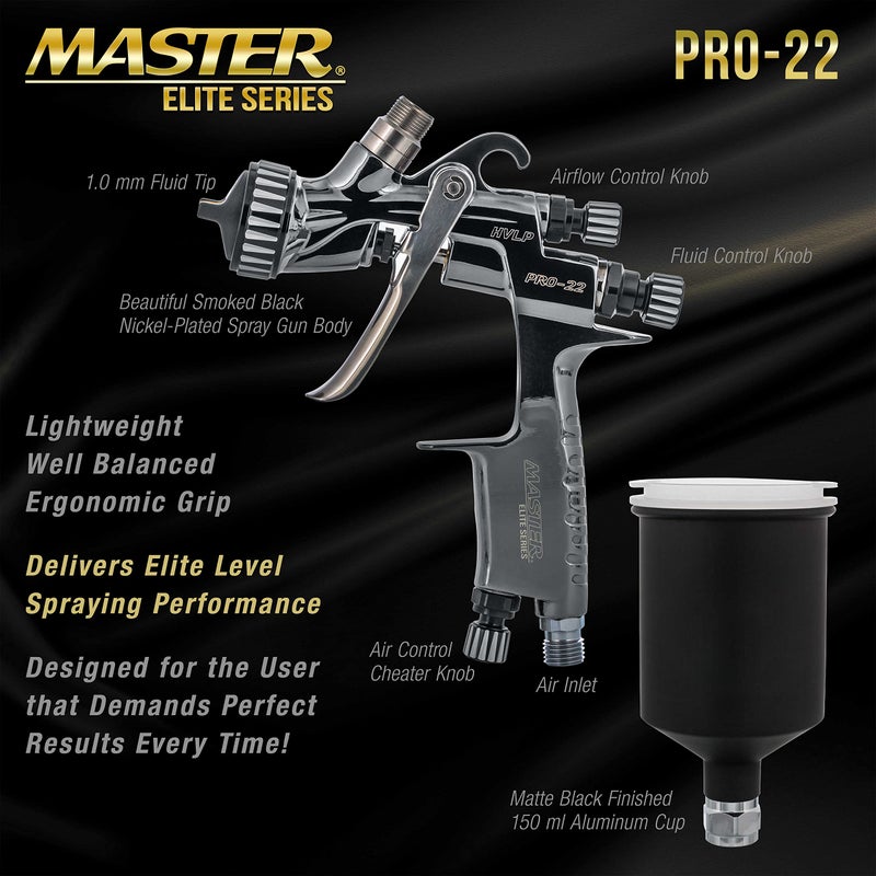 Master Airbrush Master Elite PRO-22 HVLP Air Spray Paint Gun with 1.0mm Tip, 150ml Cup, Air Pressure Regulator Gauge - Air Paint Sprayer Gun for Cars, Painting Base & Clearcoats - Image 3